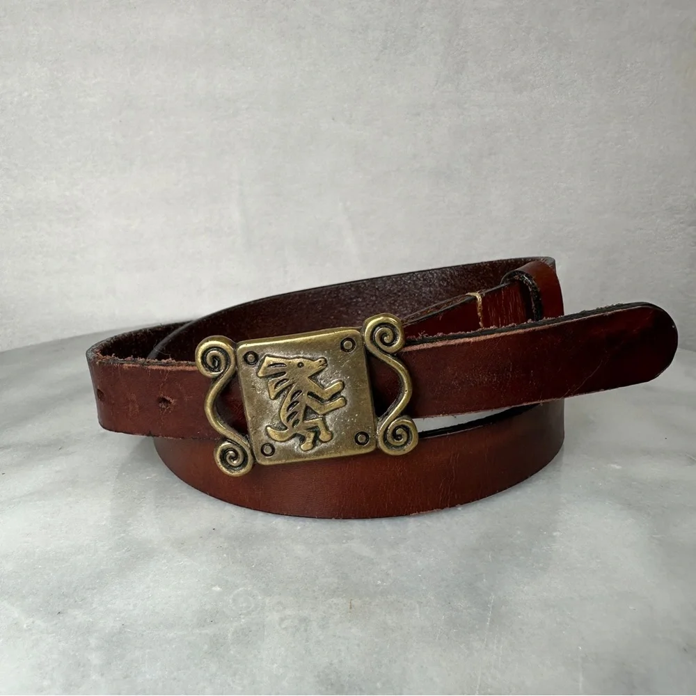 Vintage Chico’s large‎ Brown Leather Belt Brass Buckle thin boho bohemian